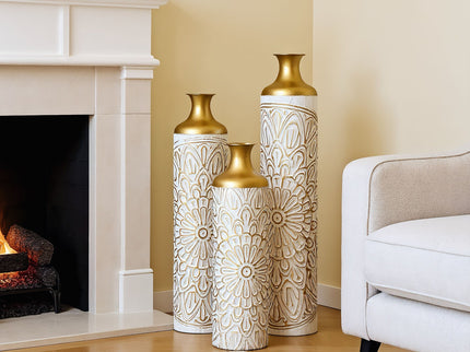 3 Piece Home Decoration Large Glazed Floor Vase Decoration Home Droplet Shaped - Gold / White