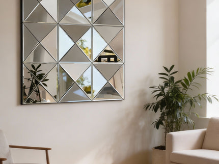 3D Beveled Wall Mirror With Frame, Large Square Design For Living Room - Silver
