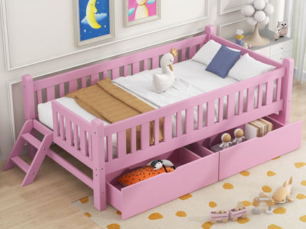 Platform Bed With Guardrail And 2 Drawers