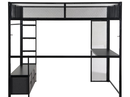 Full Size Gaming Loft Bed With LED Desk, Open Wardrobe, 3 Linen Storage Drawers - Black