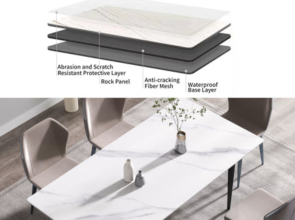70.87" Modern Artificial Stone White Straight Edge Black Metal Leg Dining Table, Can Accommodate 6-8 People - White / Black