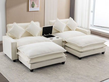 Sectional Sofa Upholstered Sofa With Two Removable Ottoman, Two USB Ports, Two Cup Holders And Large Storage Box For Living Room