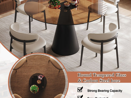 Round Dining Table With Tempered Glass Top - Black / Brown