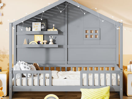 House Bed With Shelves, Window And Sparkling Light Strip On The Roof