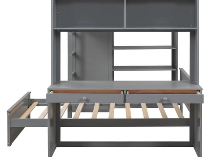 Loft Bed With A Twin Size Standalone Bed, Shelves, Desk, And Wardrobe