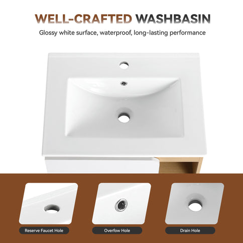 24" Bathroom Vanity With Sink & Tall And Low Side Cabinets, Vanity Set With Thin Edge Sink & Interchangeable Door Panels, 3 Piece Bathroom Storage Set - Black / Light Oak / White