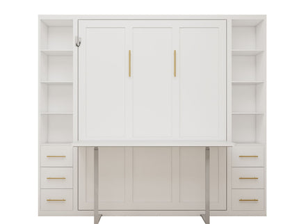 Queen Size Murphy Wall Bed With Side Storage Cabinets - White