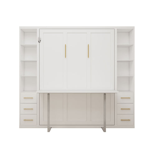 Queen Size Murphy Wall Bed With Side Storage Cabinets - White