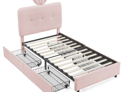 Upholstered Bed With Oversized Rabbit Ear Headboard, LED Lights & 4 Storage Drawers