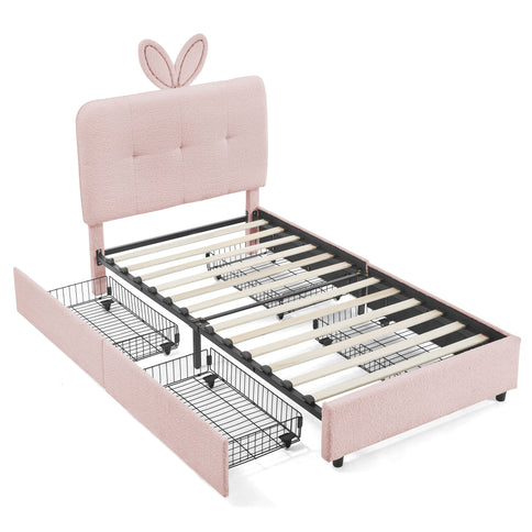 Upholstered Bed With Oversized Rabbit Ear Headboard, LED Lights & 4 Storage Drawers