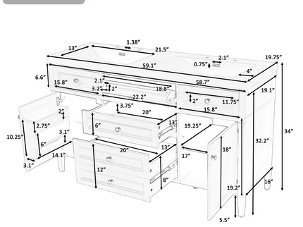 Bathroom Vanity With Double Sink, 3 Drawers, 2 Doors, Adjustable Shelves, Freestanding - White