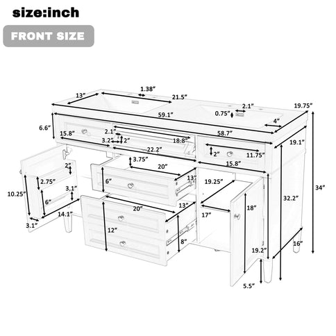 Bathroom Vanity With Double Sink, 3 Drawers, 2 Doors, Adjustable Shelves, Freestanding - White