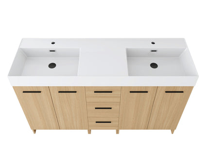 Double Sink Bathroom Vanity With 3 Drawers, Large Storage, Integrated Sink, Freestanding Cabinet, Soft Close Hardware - Glossy White / Light Oak