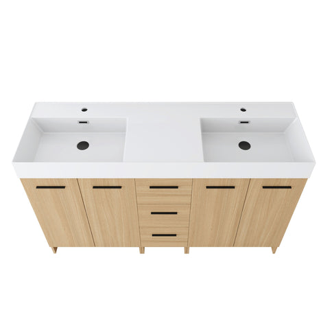 Double Sink Bathroom Vanity With 3 Drawers, Large Storage, Integrated Sink, Freestanding Cabinet, Soft Close Hardware - Glossy White / Light Oak