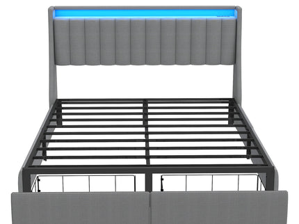 Upholstered Platform Bed Frame With RGB LED Lights, Charging Station & 2 Underbed Drawers