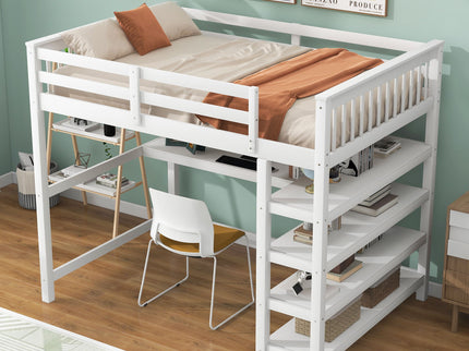 Loft Bed With Storage Shelves And Under Bed Desk