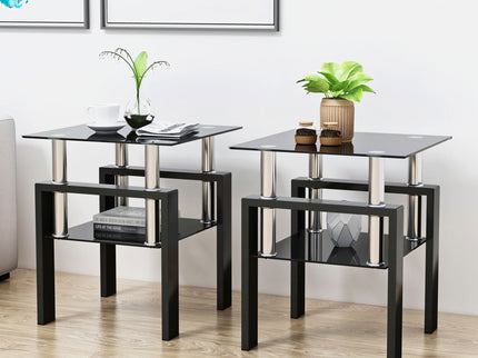 Modern Tempered Glass Tea Table, End Square Table For Living Room (Set of 2) - Black