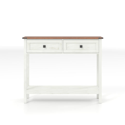 Farmhouse Style Console Table With 2 Drawers And Bottom Storage Shelf