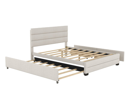 Queen Platform Bed With Twin Trundle And 2 Storage Drawers - Beige