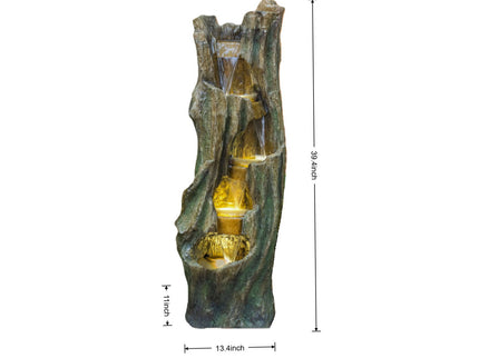 Tree Trunk Cascading Water Fountain, Outdoor LED Lighted - Gray