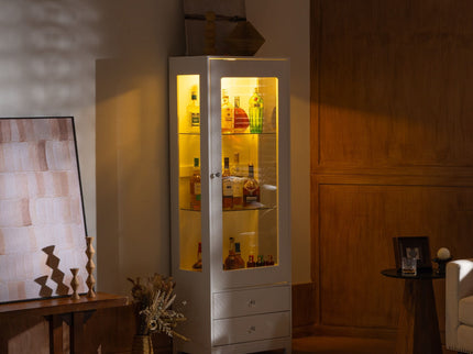 Modern Upholstered Glass Display Cabinet With Adjustable LED Light - White