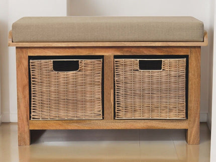 Rattan Basket Linen Bench - Brown