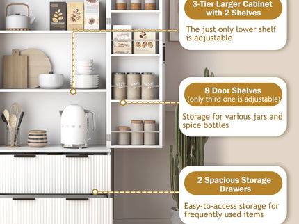 Fluted Kitchen Pantry Cabinet With 2 Large Drawers & 8 Door Spice Rack