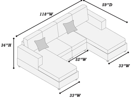 U-Shaped Sectional Set With Cushion Back Armless Chairs Right And Left Arm Chaise