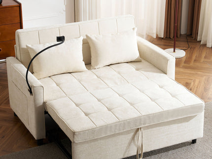 Pull-Out Sleeper Sofa With Reversible Backrest Cushion, Side Pockets, 2 USB Ports And A Phone Holder For Living Room