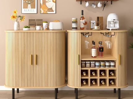 Fluted Wine Bar Cabinet With 8 Grid Wine Rack, 5 Level Adjustable Shelves, 2 Glass Holders
