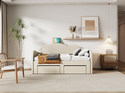 Upholstered Daybed With Cloud-Shaped Backrest, Trundle & 2 Drawers And USB Ports