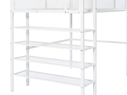 Loft Bed With 4 Tier Shelves And Storage