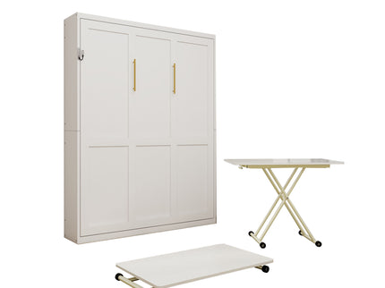 Queen Size Wall Mounted Murphy Bed With Manual Height Adjustable Desk, Cabinet & Frame & Computer Desk - White