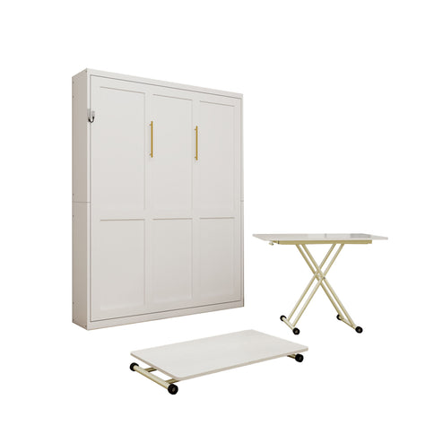 Queen Size Wall Mounted Murphy Bed With Manual Height Adjustable Desk, Cabinet & Frame & Computer Desk - White