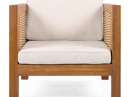 Outdoor Club Chair With Rope Arm And Cushions - Beige / Teak