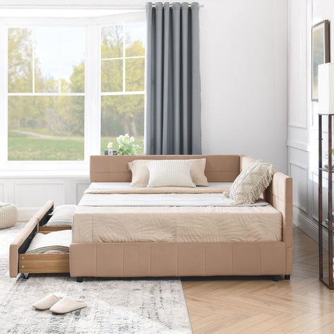 Mid-Century Storage Upholstered Tufted Bed Frame With Backrest And Armrests