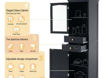 Tall Bathroom Storage Cabinet With Glass Doors, Free-Standing, Two Drawers, And Adjustable Shelves, Board, Painted Perfect For Displaying Your Favorite Items