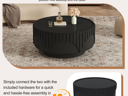 Round Fluted Drum Coffee Table With Sturdy Base For Living Room