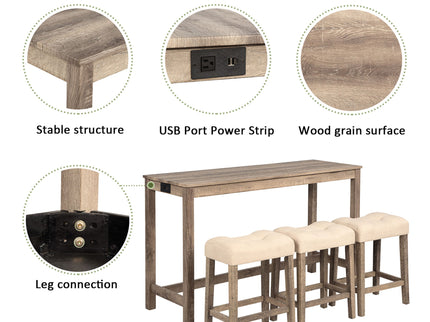 4 Piece Bar Table Set With Power Outlet, 3 Padded Stools