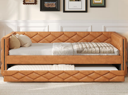 Upholstered Full Long Daybed With Trundle And LED Armrests - Brown