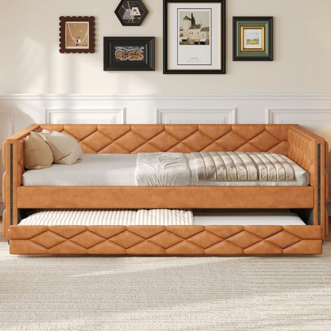 Upholstered Full Long Daybed With Trundle And LED Armrests - Brown
