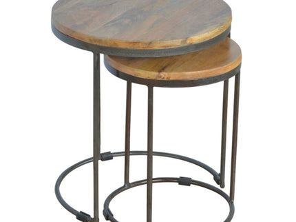 Round Stool Table With Iron Base (Set of 2) - Brown / Black