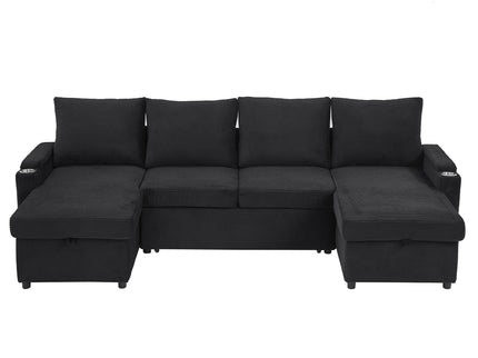 U Shaped Sectional Sofa Bed With Storage Chaise Lounges, USB Ports, And Cup Holders