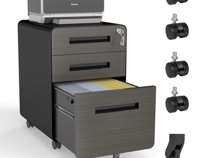3-Drawer Mobile File Cabinet With Lock, On Casters, Holds A4/Letter Files