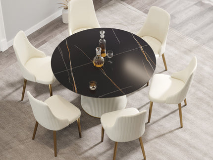 Modern Artificial Stone Round Plywood Base Dining Table, Can Accommodate 6 People, (Not Including Chairs) - Black / Beige