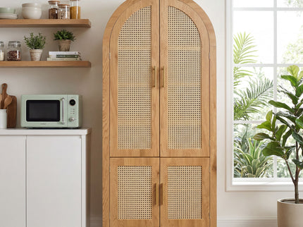 Tall Arched Cabinet With Rattan Doors & Adjustable Shelves