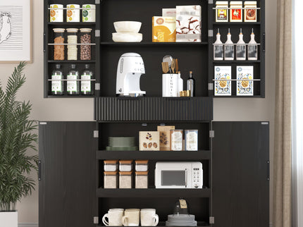Fluted Kitchen Pantry Cabinet With 3 Keyboard Drawers & 6 Adjustable Door Shelves