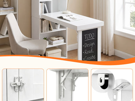 Folding Desk With Storage, Foldable Convertible Writing Table With Blackboard And Shelves For Home Office