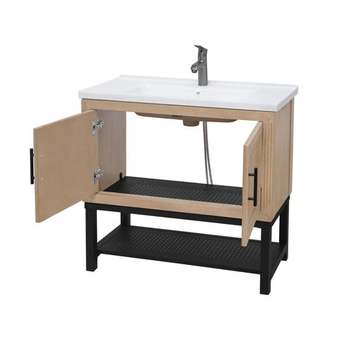 Modern Freestanding Bathroom Vanity With Ceramic Sink, Hot And Cold Faucet, Storage Cabinet & Open Shelf