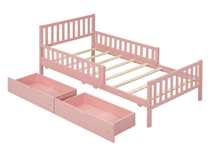 Platform Bed With Guardrails On Both Sides And 2 Storage Drawers